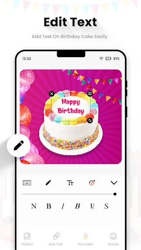 Birthday cake text editor with font formatting options including bold, italic, and styling