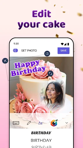 Birthday cake editor with Happy Birthday text customization and editing tools