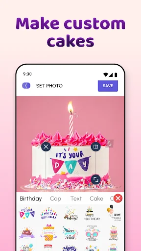 Custom cake maker with candle, bunting, text, and cake decoration customization options