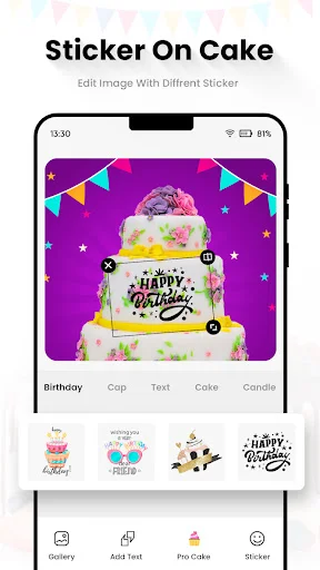 Birthday cake sticker editor with decorative elements and customization options