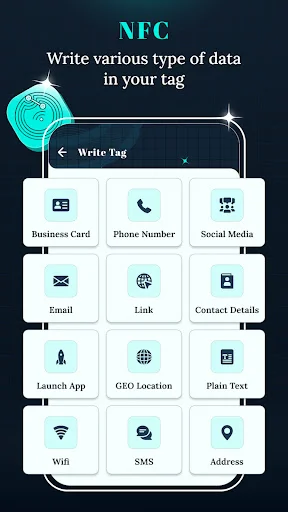 Write Tag menu with 12 data type options including business card, phone, social media, WiFi, email, SMS, address