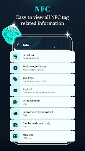 Tag Info screen listing NFC tag properties including serial number, technologies, type, payload, protection status