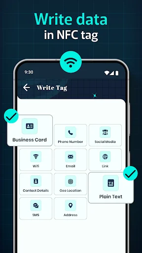 Write NFC Tag screen showing options for business card, phone, social media, WiFi, email, contact, address