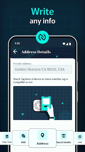 Address Details input screen for writing location data to NFC tag with address input field