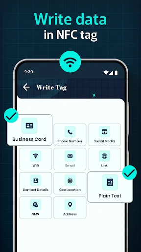 Write NFC Tag screen showing options for business card, phone, social media, WiFi, email, contact, address