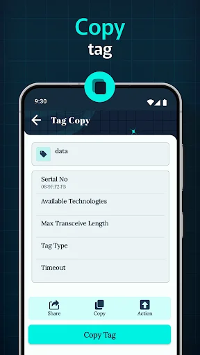 Tag Copy screen displaying serial number, technologies, tag type with share, copy, and action buttons