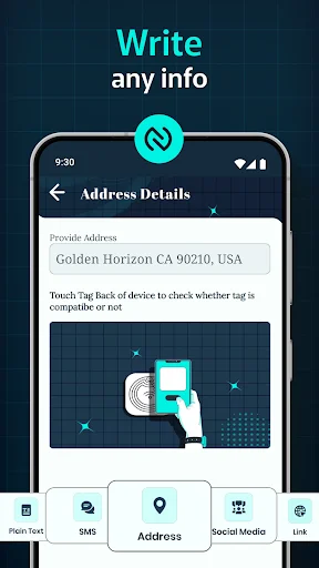 Address Details input screen for writing location data to NFC tag with address input field