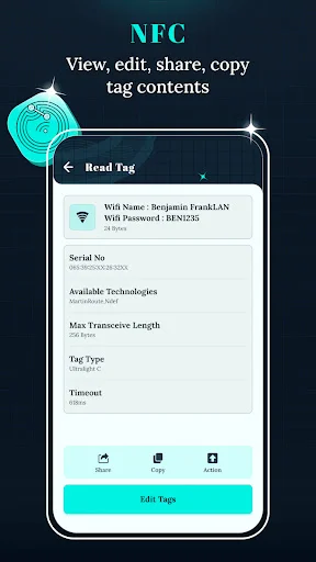 Read Tag displaying WiFi information including serial number, technologies with edit and copy options
