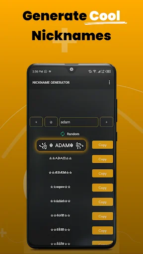 Nickname generator app displaying stylized gaming usernames with decorative symbols and one-tap copy buttons for easy sharing