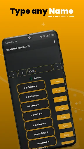 Type-to-generate gaming name interface showing personalized nickname variations with fancy text styles and copy functionality