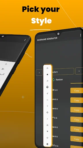 Gaming nickname customization screen showing style selection options to generate different nickname variations with unique formatting
