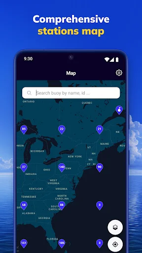 Comprehensive US weather stations map in NOAA Marine Weather app displaying numbered buoy and station locations across the country for marine forecasting