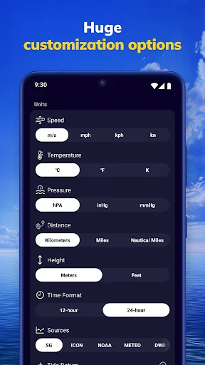 NOAA Marine Weather customization menu with unit options for speed, temperature, pressure, distance, height, time format, and multiple weather data sources