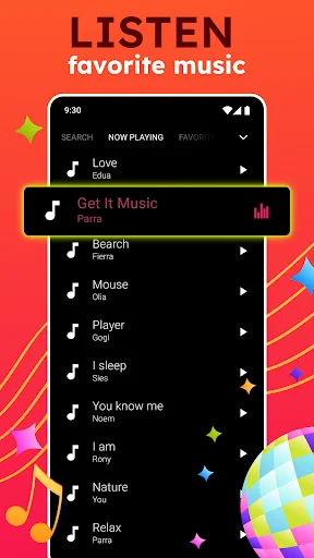 Onemp music player song list view with tracks including Love, Get It Music, Bearch, and Player with play buttons