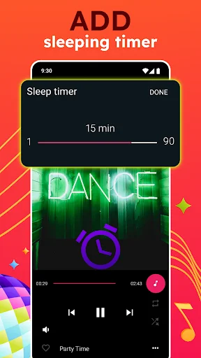 Onemp music player sleep timer feature set to 15 minutes with DANCE track playing and pause controls visible