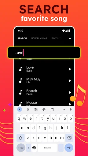 Onemp music player search screen with keyboard showing search results for Love, Muy Muy, Bearch, and Mouse tracks