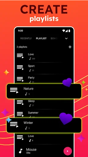 Onemp music player playlist creation screen displaying playlists like Love, Sport, Party, Nature, and Winter