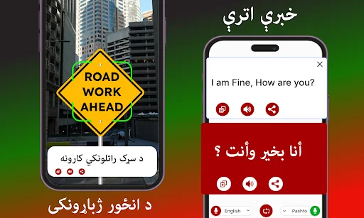 Camera translation feature translating road sign text from English to Pashto using phone camera