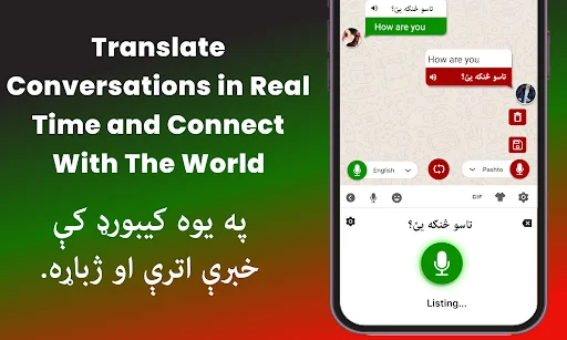 Real-time voice translation feature between English and Pashto with listening microphone interface