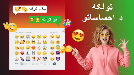 Pashto keyboard emoji picker with emotion-based emoticon selection for expressive and feeling-based messaging in Pashto