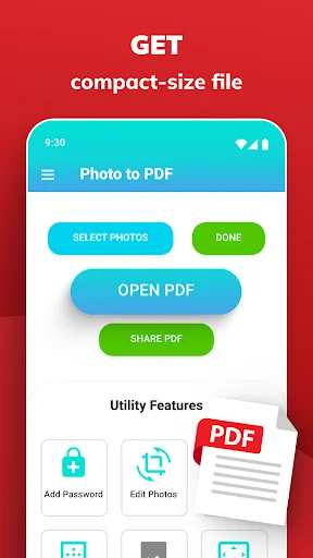 PDF creation screen with options to select photos, open, share PDF files, and access utility features