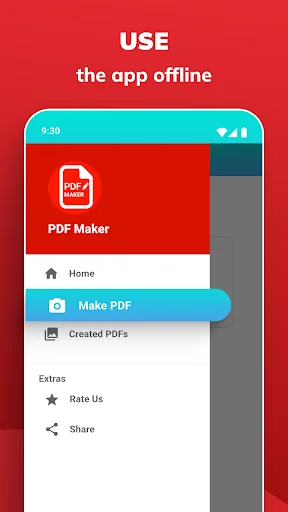 PDF Maker app navigation menu showing offline mode with Make PDF, Created PDFs, and sharing options