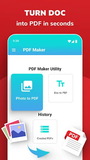 Document to PDF converter main screen with Photo to PDF and Doc to PDF tools for quick conversion