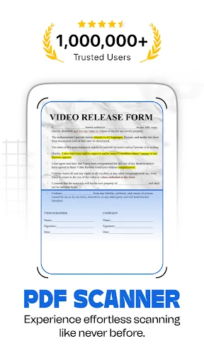 PDF Scanner app interface displaying form document with effortless scanning capability for converting images to PDF files