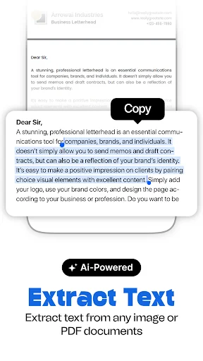 AI-powered text extraction tool copying text from business letterhead document image with one-click copy functionality