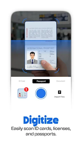 Digitize feature interface for scanning ID cards, passports, and documents with document import and capture options