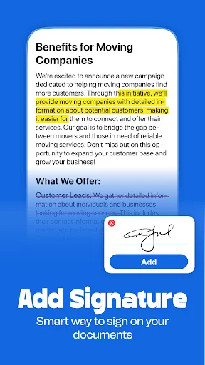 Add signature functionality allowing users to digitally sign documents with smart signing capability for PDF files