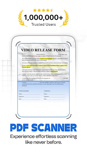 PDF Scanner app demo showing document scanning with 1,000,000+ trusted users and effortless operation