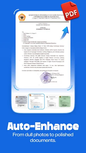 Auto-enhance feature with original, auto, B&W, sepia filters for document quality improvement