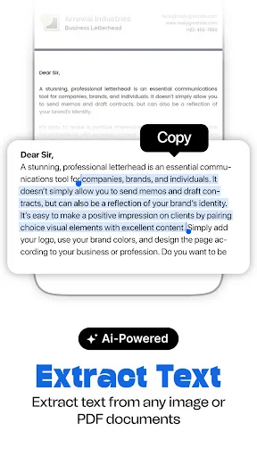 AI-powered text extraction copying business letterhead from documents using optical character recognition