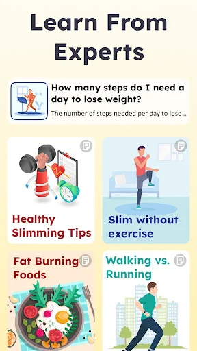 Health and fitness expert tips screen with slimming advice, fat burning foods, and exercise guidance cards