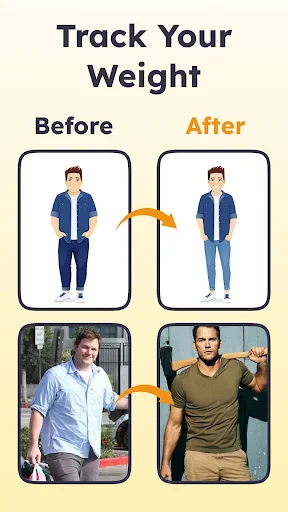 Weight tracking feature with before and after photo comparison frames for fitness progress monitoring