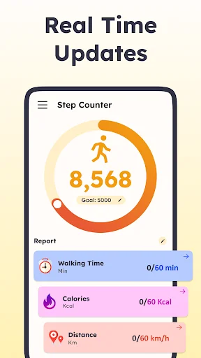 Real-time step counter showing 8,568 steps with walking time, calories burned and distance tracking metrics