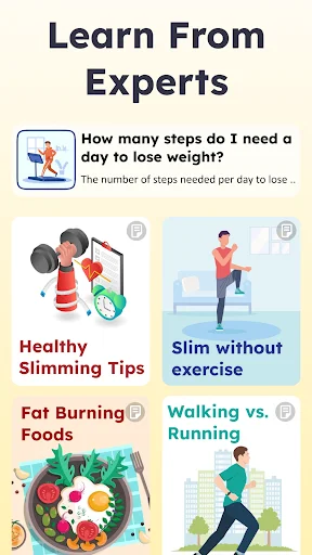 Health and fitness expert tips screen with slimming advice, fat burning foods, and exercise guidance cards