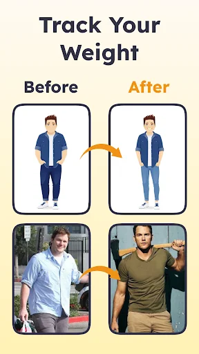 Weight tracking feature with before and after photo comparison frames for fitness progress monitoring