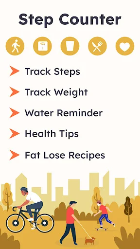 Step Counter pedometer app home screen showing track steps, weight, water reminder, health tips and recipes features