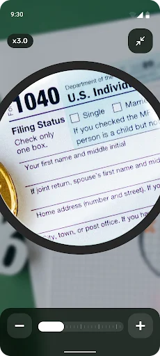 Perfect Magnifier document magnification at 3.0x zoom highlighting tax form section with magnifier circle and controls