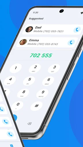Phone dialpad screen with number pad, suggested contacts, and caller ID for quick dialing