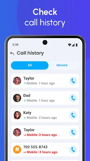 Call history screen with all and missed call filters showing recent incoming and outgoing calls