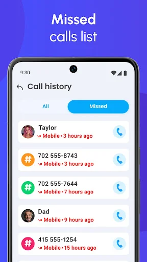 Missed calls list view displaying unanswered calls with timestamps and contact information