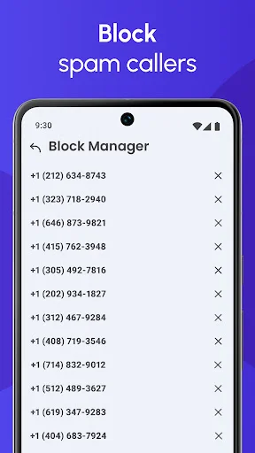 Block manager screen showing list of blocked spam caller phone numbers with remove options