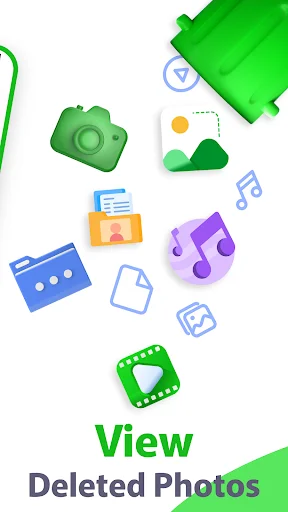 View deleted photos screen showing file type icons for camera, images, music, and document recovery