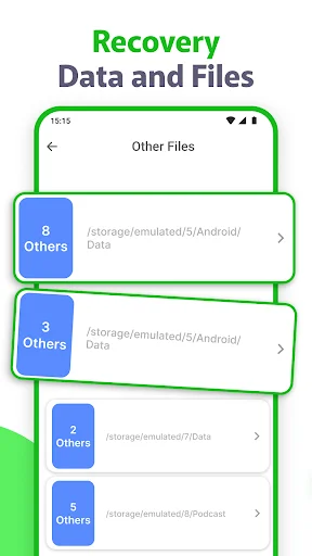 Recovery data and files screen displaying deleted file locations with storage path navigation