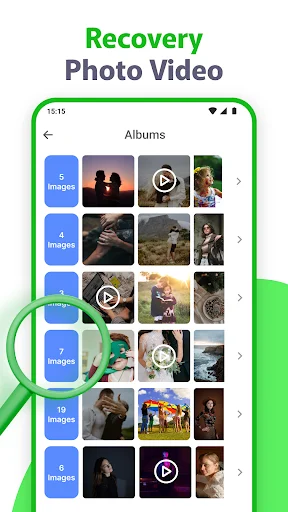 Photo video recovery albums view showing recoverable images organized by count and thumbnails