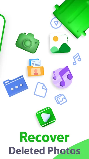 Recover deleted photos screen showing file type icons for camera, images, music, and document recovery