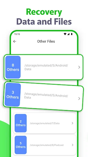 Recovery data and files screen displaying deleted file locations with storage path navigation